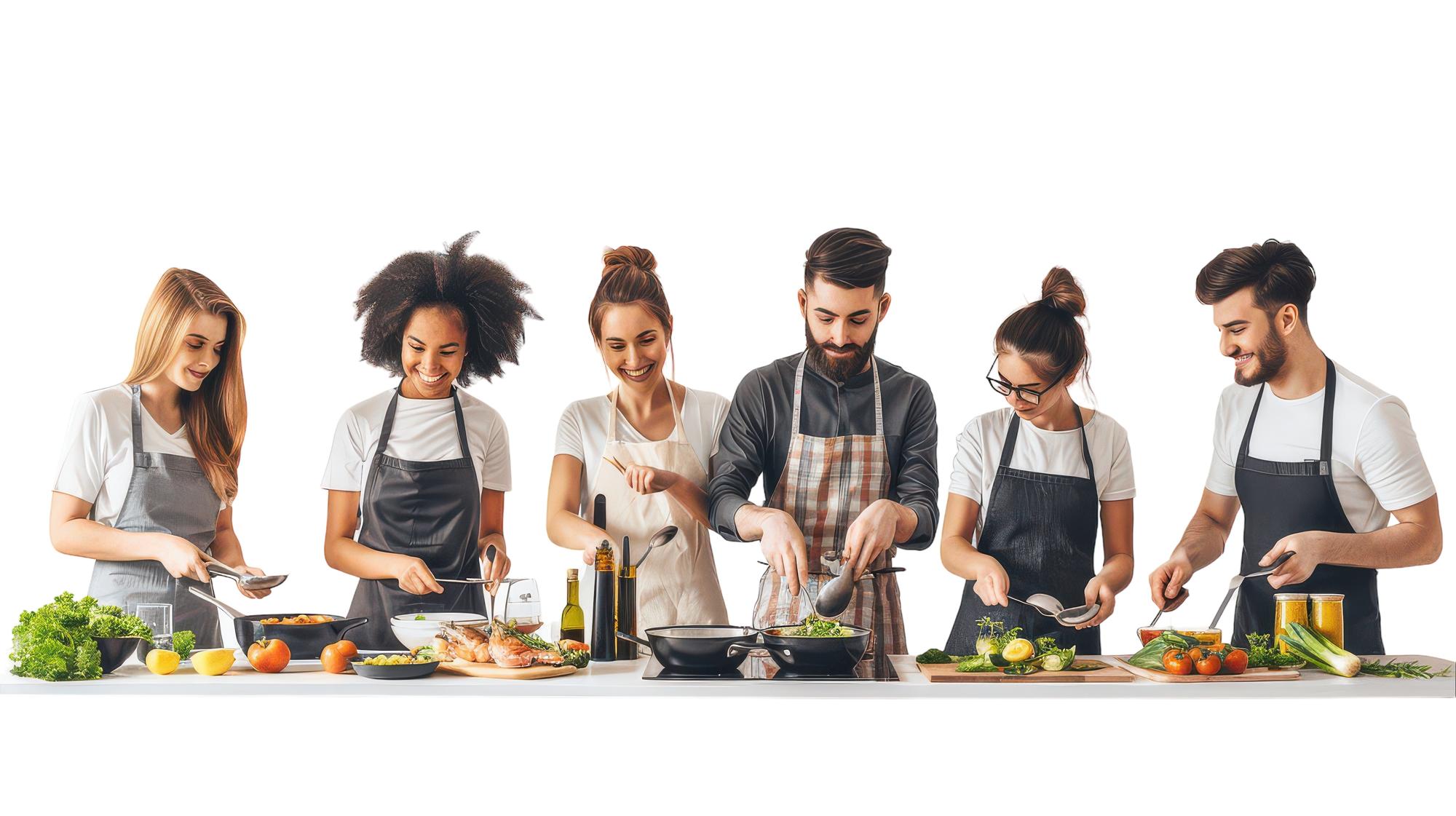 Katılımcılar atölyede yemek yapıyor